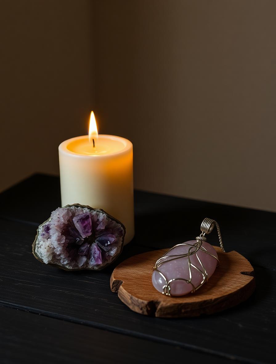Curated still life of a hand-poured candle, raw amethyst crystal cluster, and handmade wire-wrapped pendant on dark weathered wood